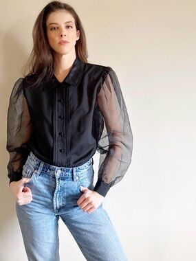 Vintage Black Button-Front Blouse with Sheer Puff Sleeves